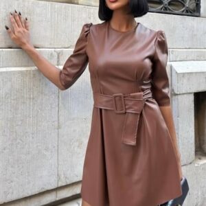 Vestido Mini Marrón Elegante De Manga Abullonada A-Línea