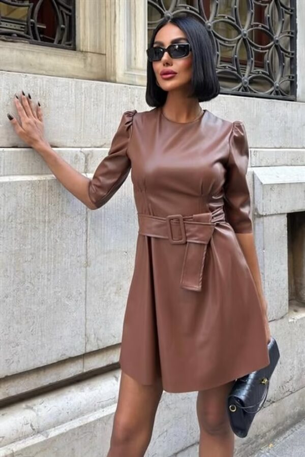 Vestido Mini Marrón Elegante De Manga Abullonada A-Línea